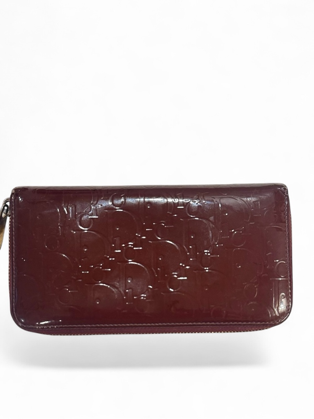 Christian Dior Vintage Trotter Print Patent Leather Long Zip Wallet | Burgundy